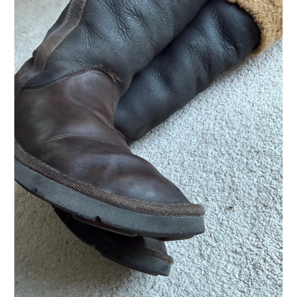 UGG Australia Women's Leather Tall Shearling Lined Winter Boots Brown SZ 12